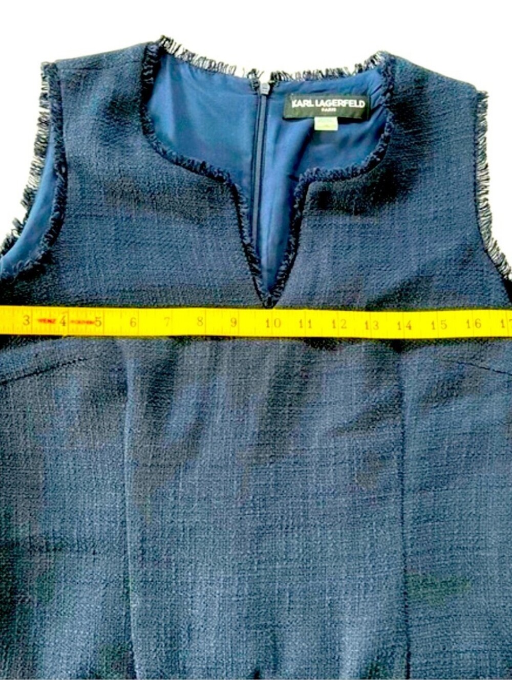 KARL LAGERFELD PARIS Sleeveless Tweed Fringe Sheath Dress Navy Size 10 EUC - Picture 10 of 15